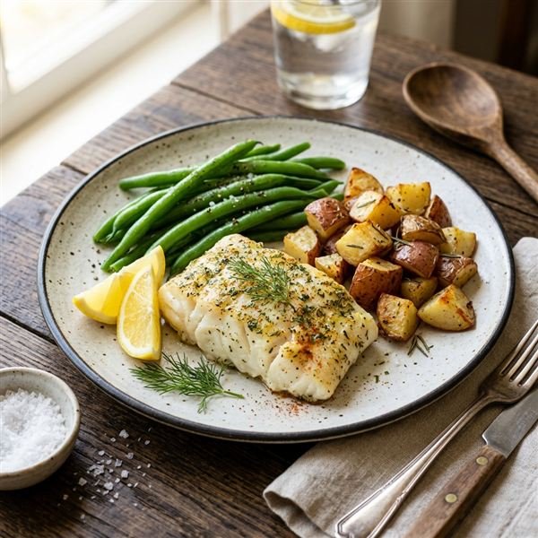 Clean Eats Baked Cod Fillet with Roasted Sweet Potato Cubes & Hass
