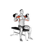 Kettlebell Seated Two Arm Military Press form demonstration - targeted for Delts Shoulders workouts