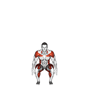 Squat To Overhead Reach With Twist form demonstration - targeted for Quads Upper Legs workouts